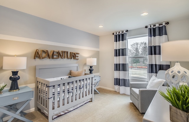 bedroom featuring recessed lighting, baseboards, and carpet floors