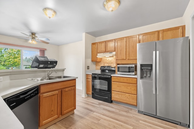 kitchen with appliances with stainless steel finishes, sink, decorative backsplash, ceiling fan, and light wood-type flooring