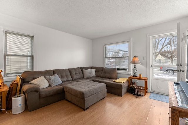 living room featuring light hardwood / wood-style floors and a textured ceiling