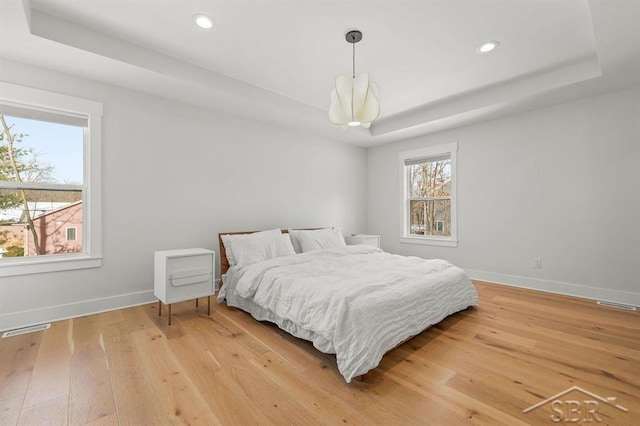 bedroom featuring hardwood / wood-style floors and a tray ceiling