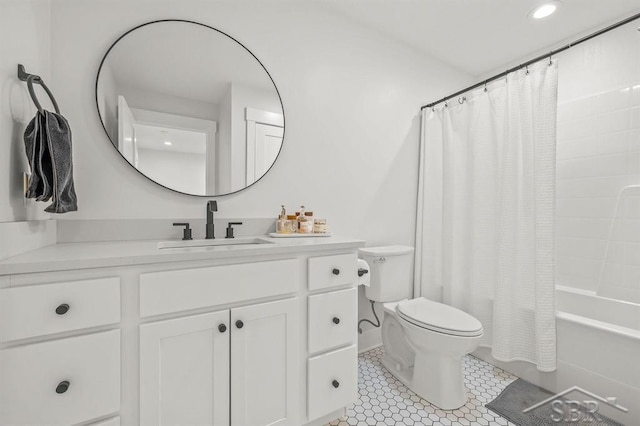 full bathroom with tile patterned flooring, vanity, shower / tub combo, and toilet