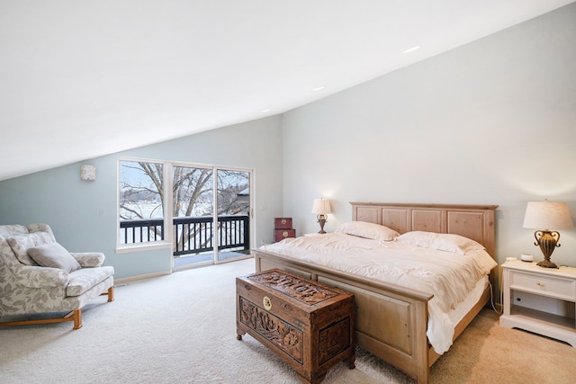 bedroom with lofted ceiling, access to outside, and light carpet