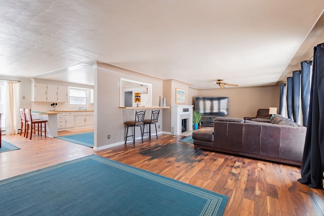 living room with hardwood / wood-style flooring and ceiling fan