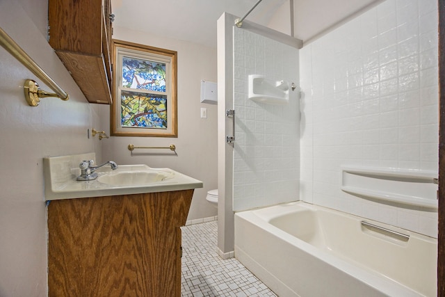 full bathroom with tile patterned flooring, vanity, shower / washtub combination, and toilet