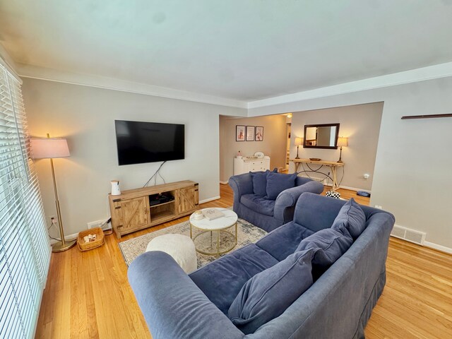 living room featuring wood-type flooring and ornamental molding