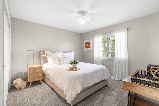 carpeted bedroom featuring ceiling fan and a closet