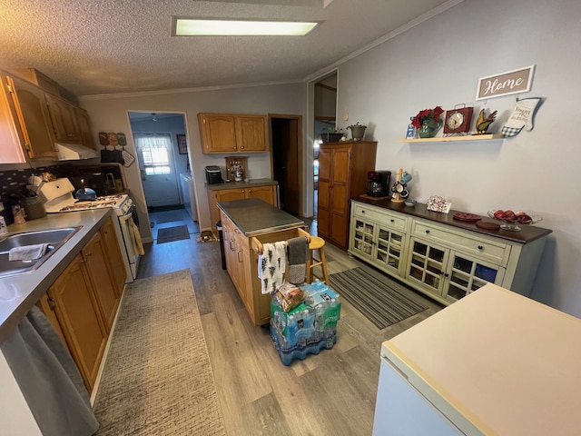 kitchen with dishwasher, white gas range, sink, ornamental molding, and light hardwood / wood-style flooring