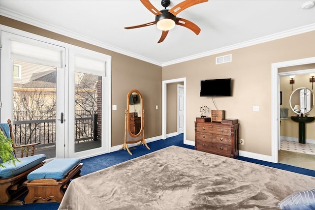 10587 Lighthouse, South Lyon, MI 48178 - carpeted bedroom with access to exterior, ornamental molding, baseboards, and a ceiling fan