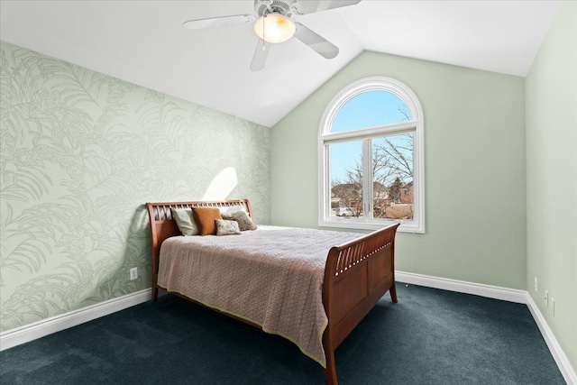 10587 Lighthouse, South Lyon, MI 48178 - bedroom with wallpapered walls, baseboards, lofted ceiling, dark colored carpet, and ceiling fan