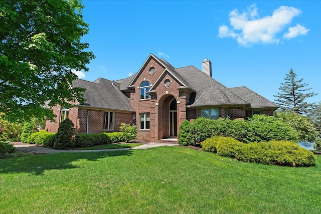 10587 Lighthouse, South Lyon, MI 48178 - traditional-style home featuring brick siding, a front yard, a chimney, and roof with shingles