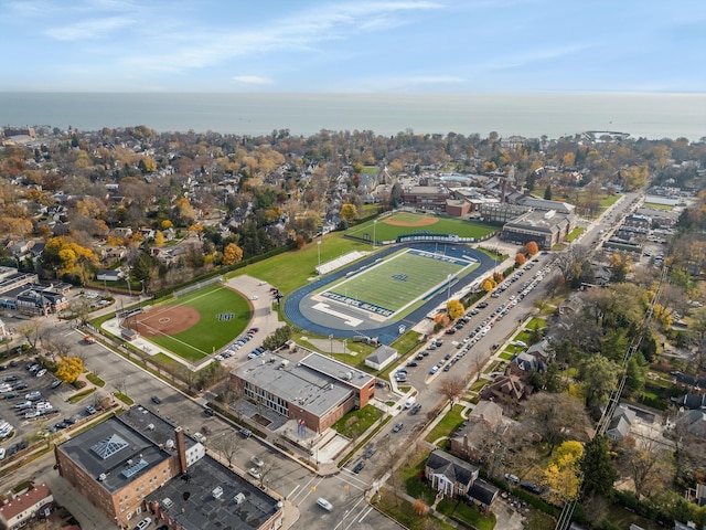 drone / aerial view featuring a water view