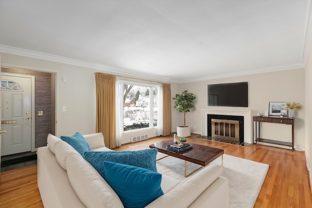 living room with crown molding and wood-type flooring