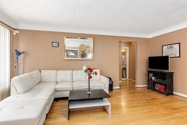 living room featuring a healthy amount of sunlight, light hardwood / wood-style floors, and a textured ceiling