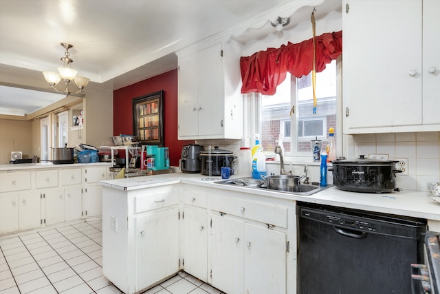 kitchen featuring black dishwasher, sink, white cabinets, and light tile patterned floors