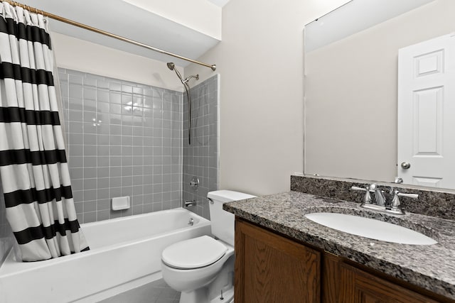 full bathroom with vanity, shower / bath combination with curtain, and toilet