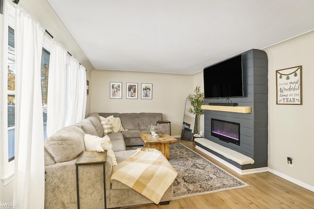 living room featuring a large fireplace and light hardwood / wood-style floors