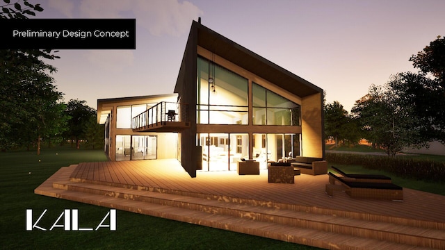 back house at dusk with a wooden deck and an outdoor hangout area