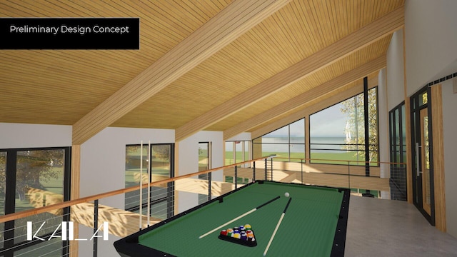 playroom featuring lofted ceiling with beams, a water view, wooden ceiling, and billiards