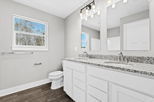 bathroom with vanity, toilet, and hardwood / wood-style floors