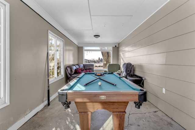 game room featuring crown molding, billiards, and wooden walls