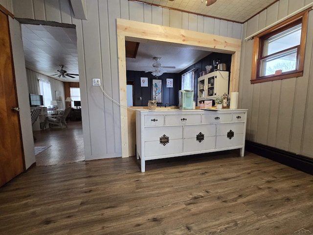 interior space with dark wood-type flooring, ceiling fan, white cabinets, and light countertops