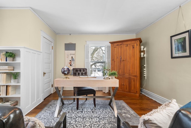 office area featuring crown molding and dark hardwood / wood-style flooring