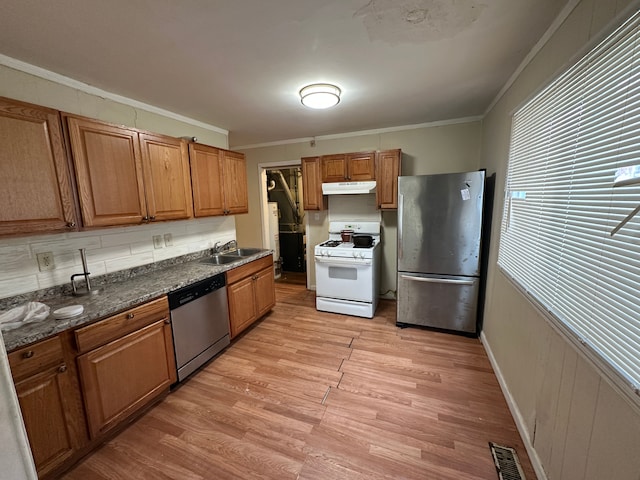 kitchen featuring sink, crown molding, light hardwood / wood-style flooring, and appliances with stainless steel finishes