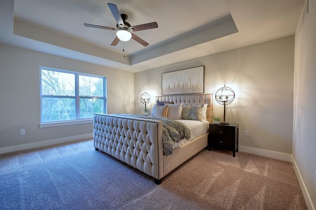 carpeted bedroom with a raised ceiling and ceiling fan