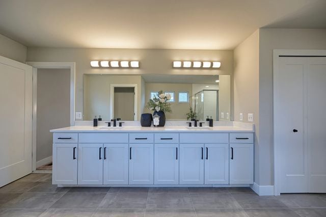 bathroom with walk in shower and vanity