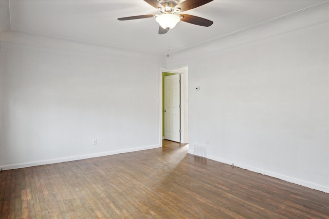 empty room featuring ceiling fan and dark hardwood / wood-style flooring