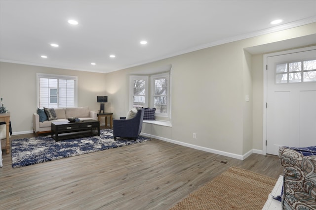 living room featuring crown molding and wood-type flooring