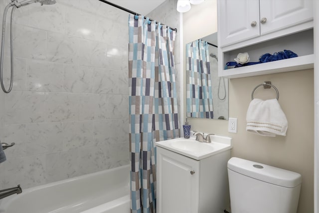 full bathroom featuring vanity, shower / tub combo, and toilet