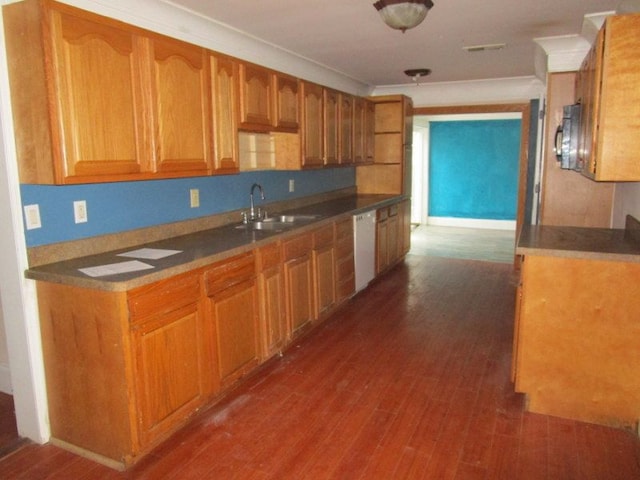 kitchen with dark hardwood / wood-style floors, crown molding, sink, and white dishwasher