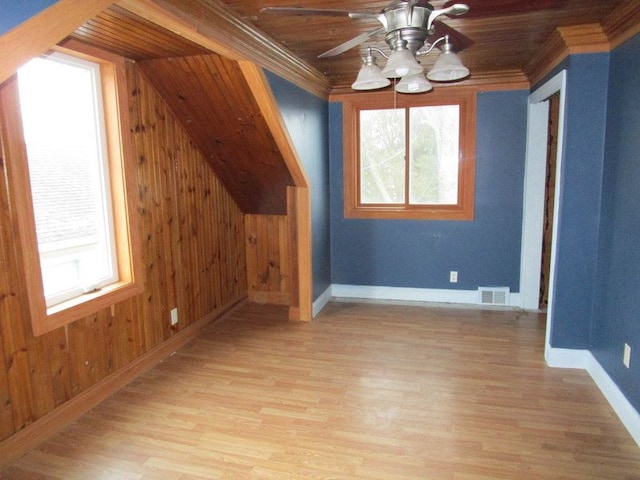 bonus room featuring a wealth of natural light, wooden ceiling, wooden walls, and light hardwood / wood-style floors