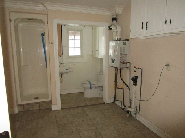 124 Roselawn St, Algonac, MI 48001 - full bathroom with gas water heater, toilet, a shower stall, crown molding, and tile patterned floors