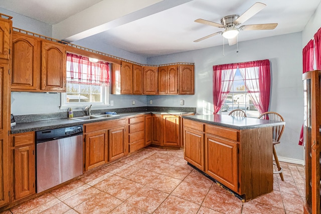 kitchen with sink, a center island, stainless steel dishwasher, light tile patterned floors, and ceiling fan