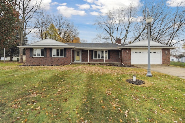 ranch-style house with a garage and a front lawn