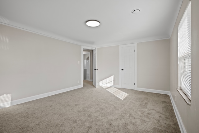 spare room featuring crown molding and light colored carpet