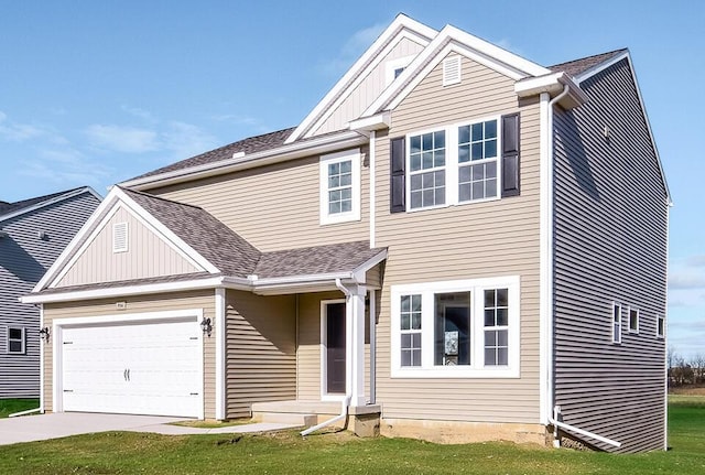 view of front of house featuring a garage, a shingled roof, concrete driveway, a front lawn, and board and batten siding