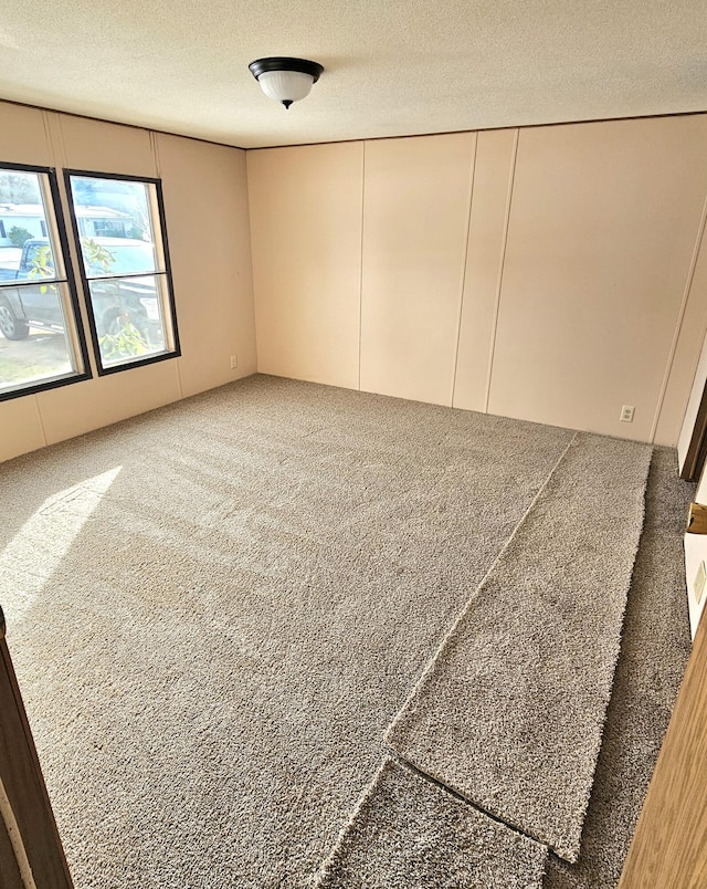 empty room with carpet floors and a textured ceiling