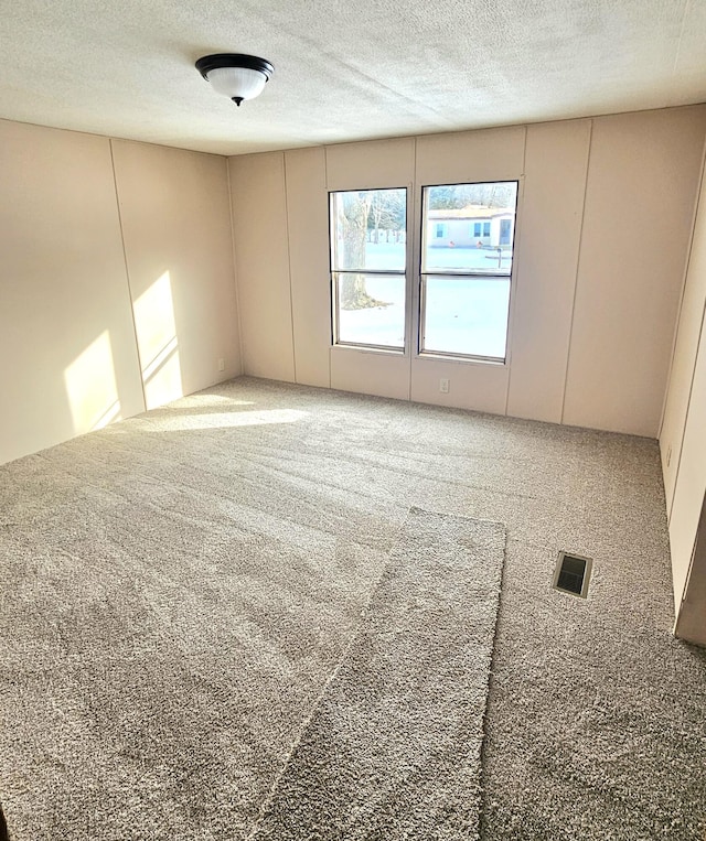 carpeted empty room with a textured ceiling