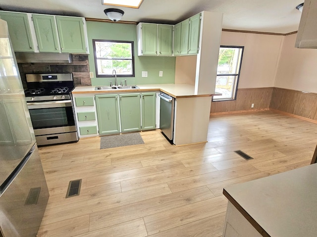 kitchen with appliances with stainless steel finishes, sink, a wealth of natural light, and green cabinetry