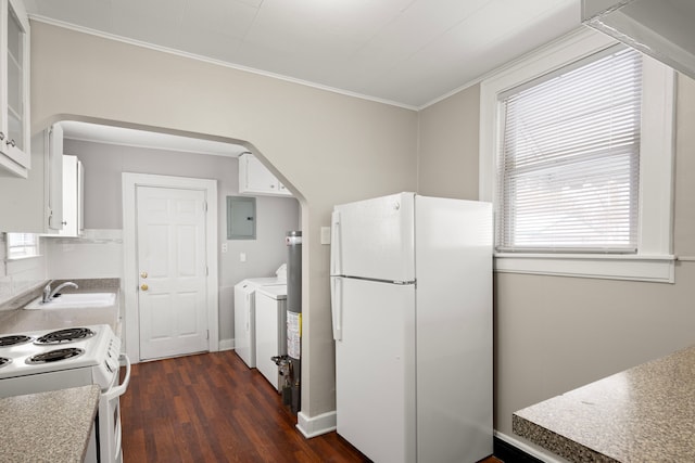 kitchen with dark wood-type flooring, sink, electric panel, white appliances, and white cabinets