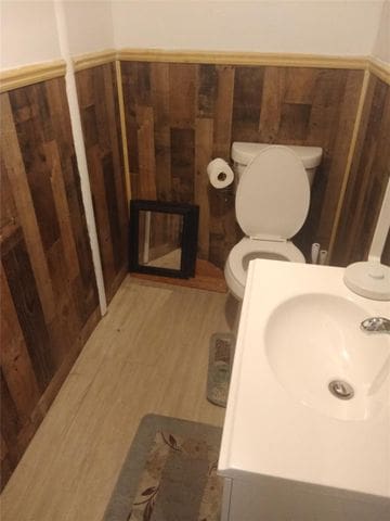 bathroom featuring hardwood / wood-style flooring, vanity, and toilet