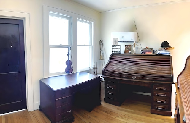 office featuring light hardwood / wood-style flooring and ornamental molding