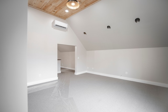 bonus room with lofted ceiling, carpet floors, wooden ceiling, and a wall mounted AC