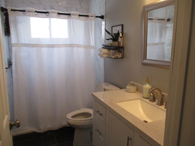 bathroom featuring vanity, a shower with curtain, tile patterned floors, and toilet