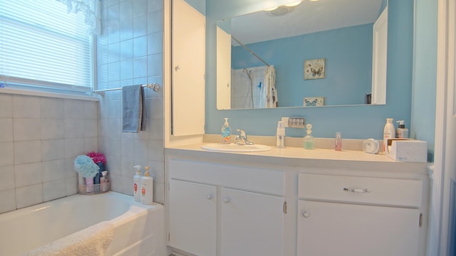 bathroom with shower / bath combo and vanity