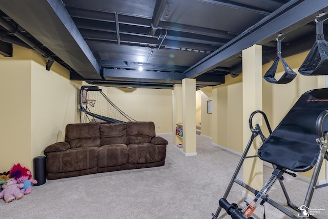 basement featuring carpet flooring