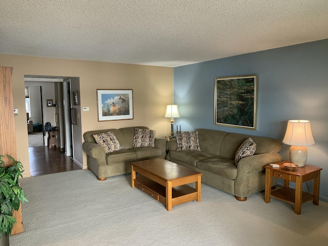 living room featuring carpet and a textured ceiling